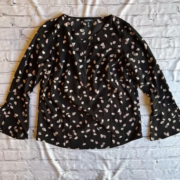 Ellen Tracy Black Print Flowy Blouse Medium - Picture 1 of 11